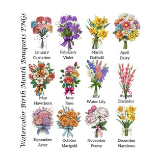 Birth Month Flower Bouquet PNG SVG Clipart -Birth Flower Line Art PNG Gift for Her
