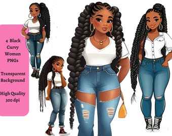 Denim Black Girl Clip Art PNG Set- Curvy Girl Clipart for T Shirt Designs, Sublimation and DIY Projects