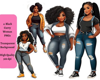 Denim Curvy Black Girl Clip Art PNG Set for Wall Art Decor, T Shirt Designs, Sublimation and DIY Projects
