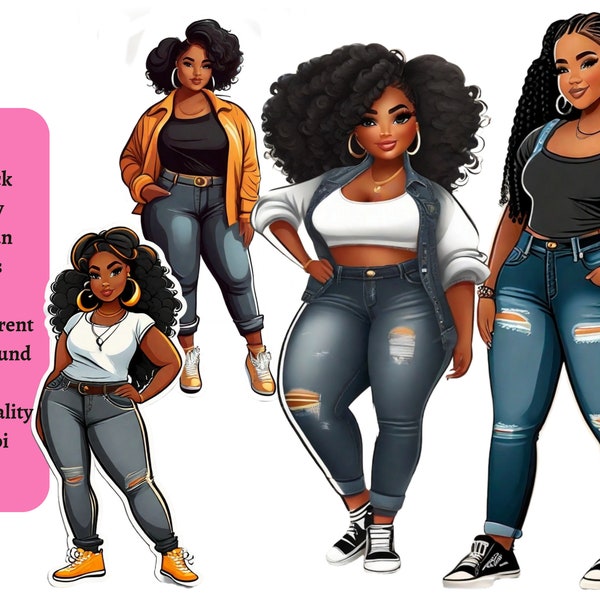 Denim Curvy Black Girl Clip Art PNG Set for Wall Art Decor, T Shirt Designs, Sublimation and DIY Projects