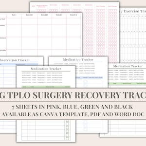 Può includere: Una raccolta di tracker stampabili per il recupero post-operatorio TPLO per cani in rosa, blu, verde e nero. I fogli includono tracker di farmaci, osservazione ed esercizio. Il testo sull'immagine dice "DOG TPLO SURGERY RECOVERY TRACKER".