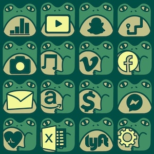 May include: A green frog illustration with 12 different logos inside each frog. The logos include: Instagram, Facebook, Spotify, Snapchat, Etsy, Pinterest, Lyft, Venmo,  a music note, a camera, a dollar sign, and a heart.