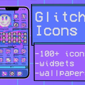 Glitch icons ios 15 iPhone widgets and wallpaper, vaporwave aesthetic internet y2k icons