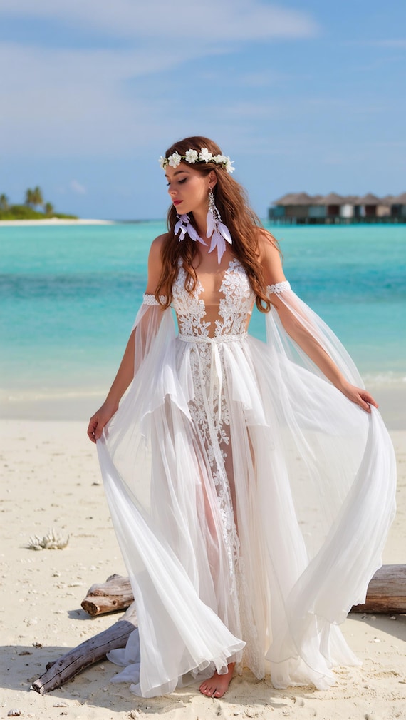boho beach lace wedding dress Dressself White A-Line Spaghetti Lace Beach Wedding Dress with Split Boho  Long Bridal Gown