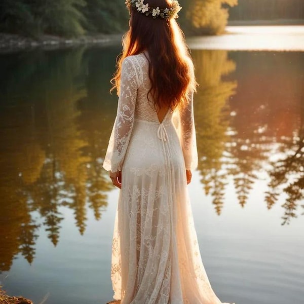Lace Boho Wedding Dress: Open Back Beach Bridal Gown