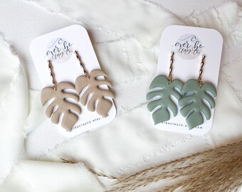 Clay Earrings- Monstera Dangles- Handmade, Lightweight Polymer Clay Earrings // Polymer Earrings// Handmade Earrings