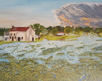 May include: An acrylic painting of a rural landscape featuring a white farmhouse with a red roof, set amidst a field of blue wildflowers. A storm with lightning strikes in the background, with trees and a small barn.