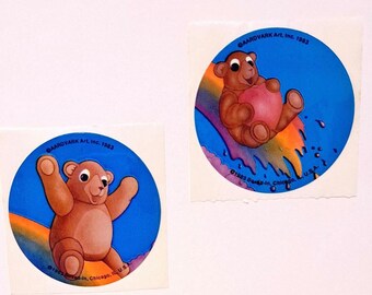 80S Vintage Teddy Bear Stickers ~ Rainbow, Hearts ~ Aardvark Art / Boxed In ~ Set of 2