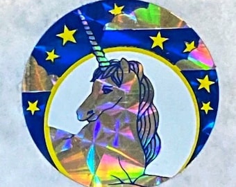 80s Holofoil Prismatic Unicorn Sticker ~  Metallic ~ Moon,  Stars, Clouds, Sky