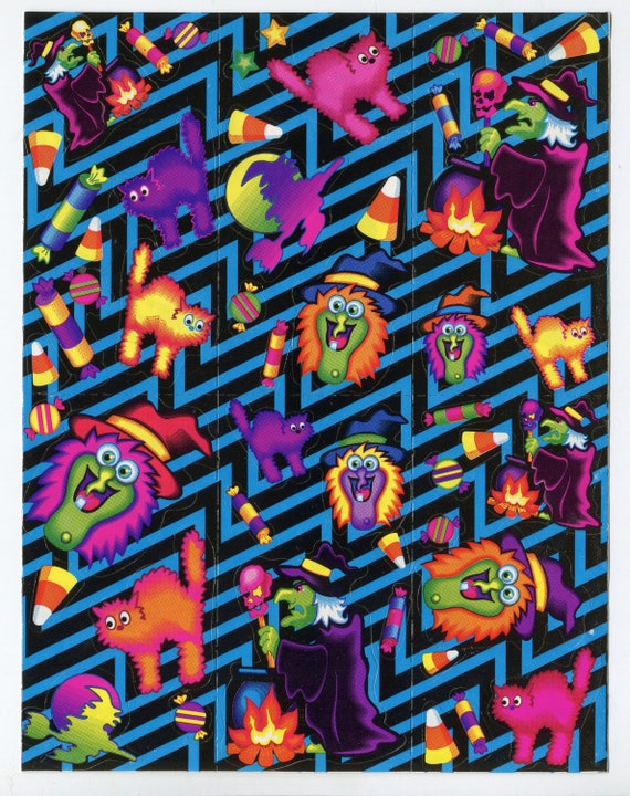 80s 90s Vintage Lisa Frank Sticker Sheet - Neon Witches and Spooky Cats! ~  Halloween - S197 - Complete