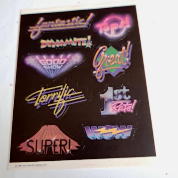 80s Hallmark Sticker Sheet - Neon Words, Phrases ~ Motivational Incentive