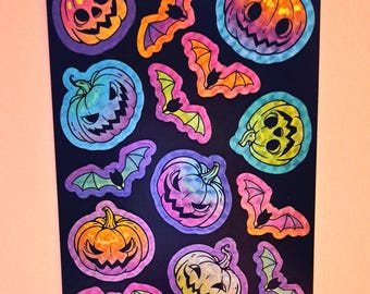 Neon Metallic Prism Halloween Sticker Sheet ~ Jack O Lantern Pumpkins ~ Bats ~ Trick or Treat