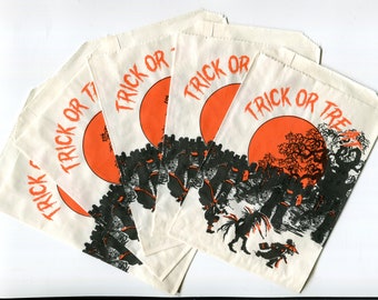 Vintage Halloween Treat Bags, Favor Bags- Spooky Graveyard | Trick or Treaters ~ Set of 5