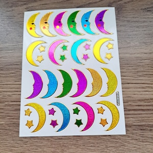 Crescent Moons & Stars Sticker Sheet ~ Neon Metallic Glitter
