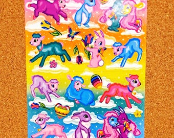 Vintage Lisa Frank Easter Sticker Sheet ~ Lambs and Rabbits ~ S254-05