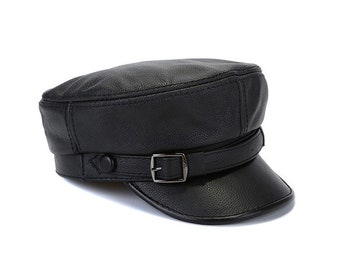 Sombrero militar de cuero genuino, sombreros militares de piel de vaca, gorra plana