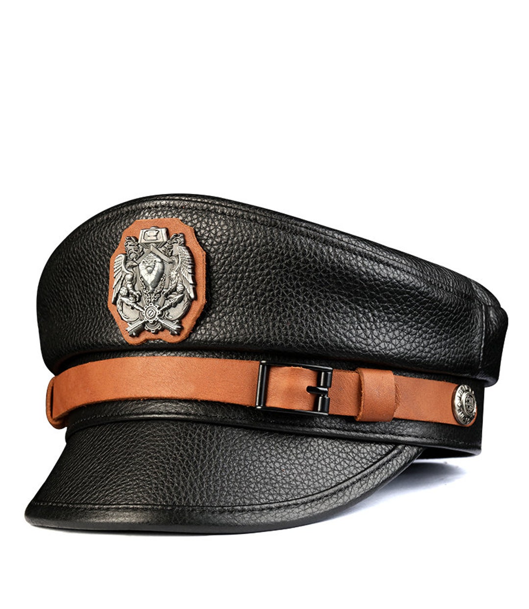 Genuine Cowhide Leather Military Hat Black Etsy