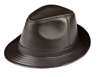 Genuine Leather Jazz Fedoras Hat Sheepskin Cap Wide Brim Hat