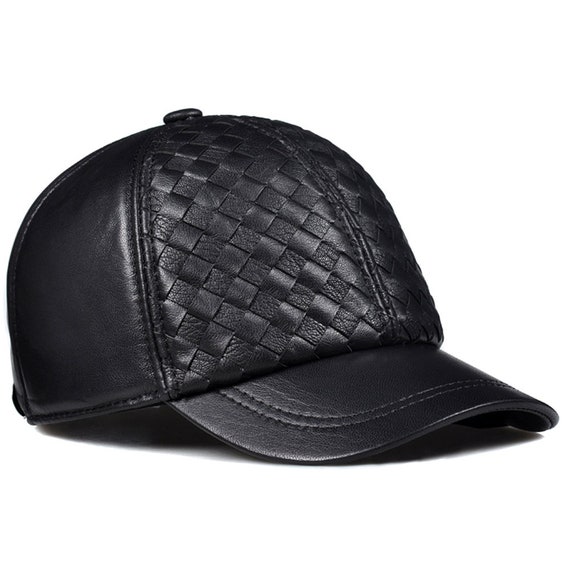 Mens black sales leather baseball cap