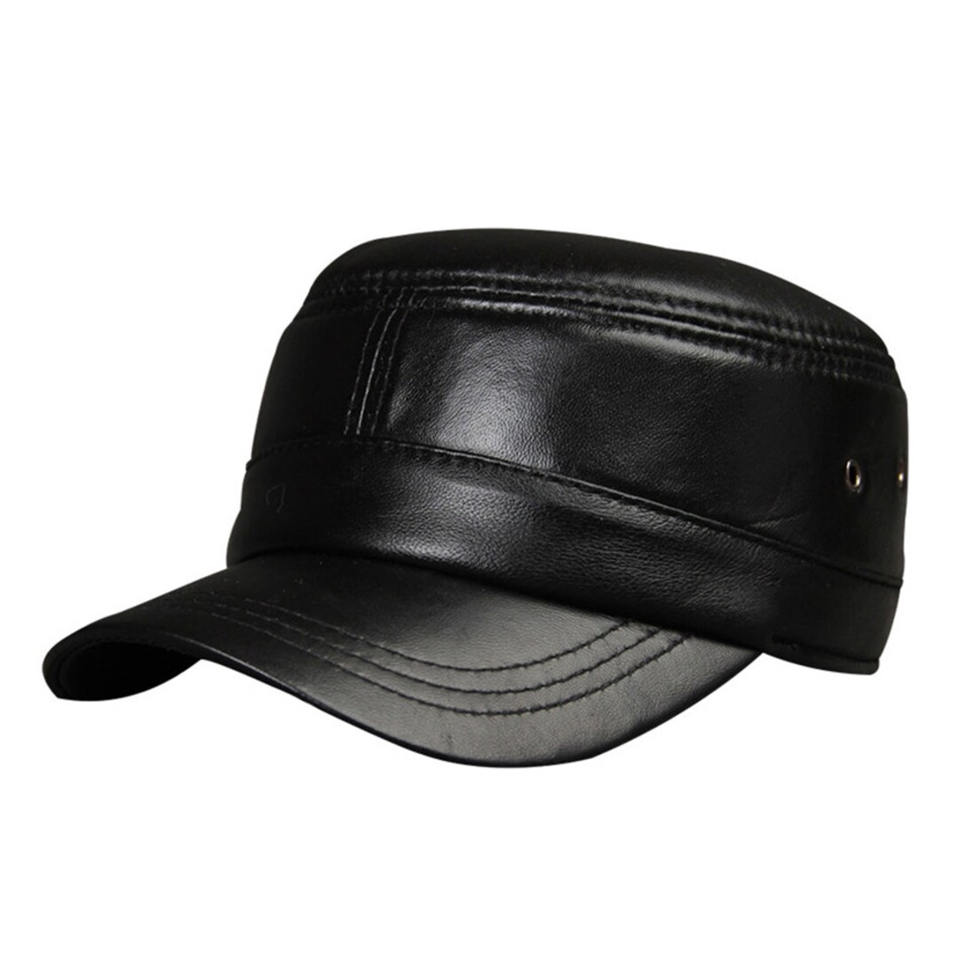 Military Hat Black Genuine Leather Flat Cap Vintage Adjustable Army Cap