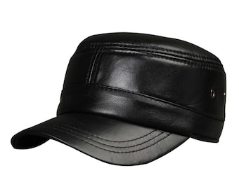 Military Hat Black Genuine Leather Flat Cap Vintage Adjustable