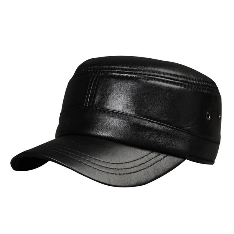 Military Hat Black Genuine Leather Flat Cap Vintage Adjustable Army Cap