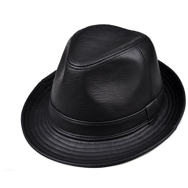 Chapeau Fedora pour homme en cuir véritable, automne 2022, chapeau Fedora unie noir vintage, chapeau femme, chapeau Panama Jazz