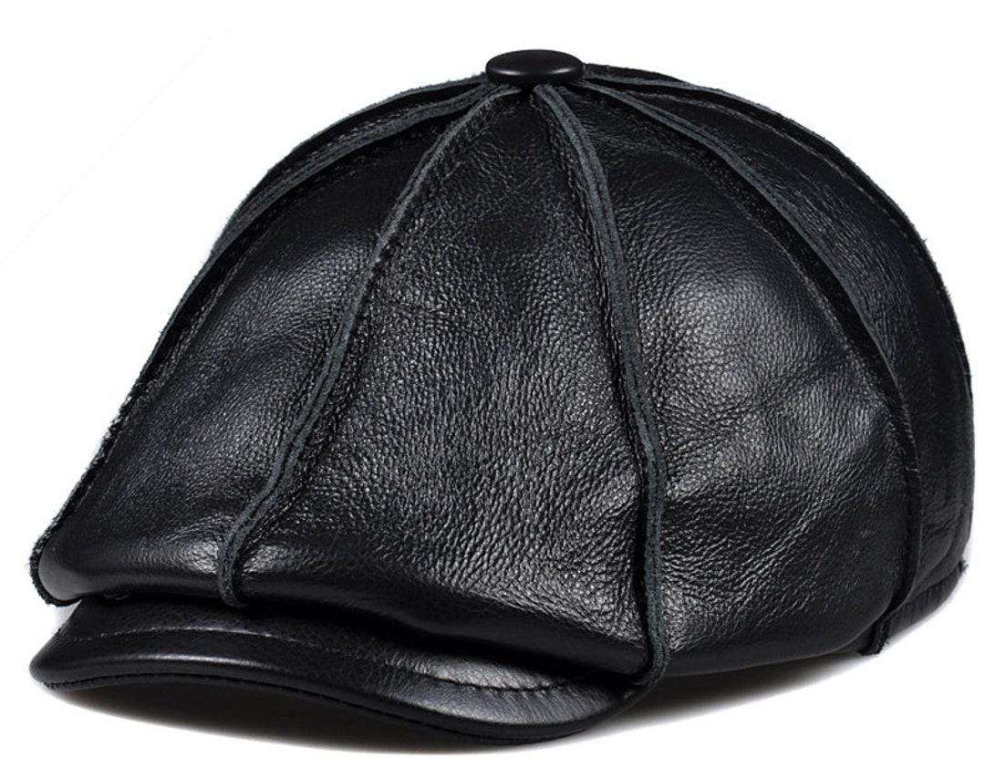 Fashion Black Newsboy Hats for Men Women Genuine Cowskin Leather