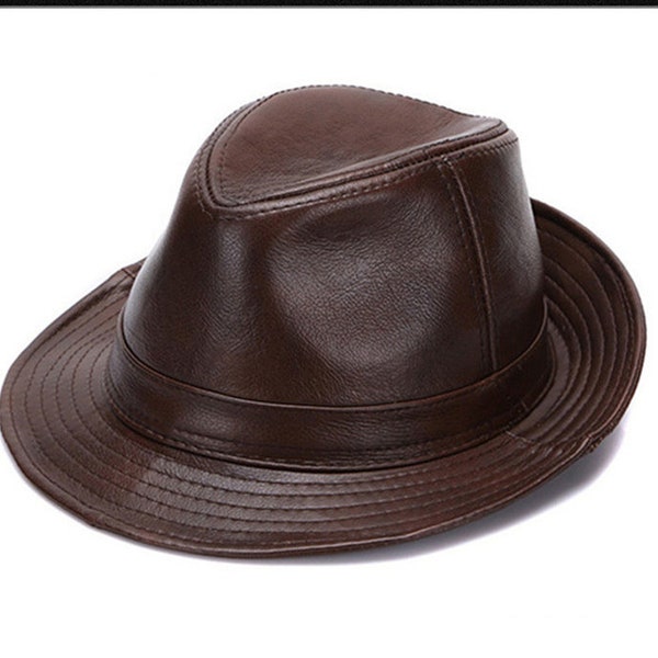 Genuine Leather Hat Fashion Cowhide Fedoras Elegant Gentleman Leisure Party Jazz Hat