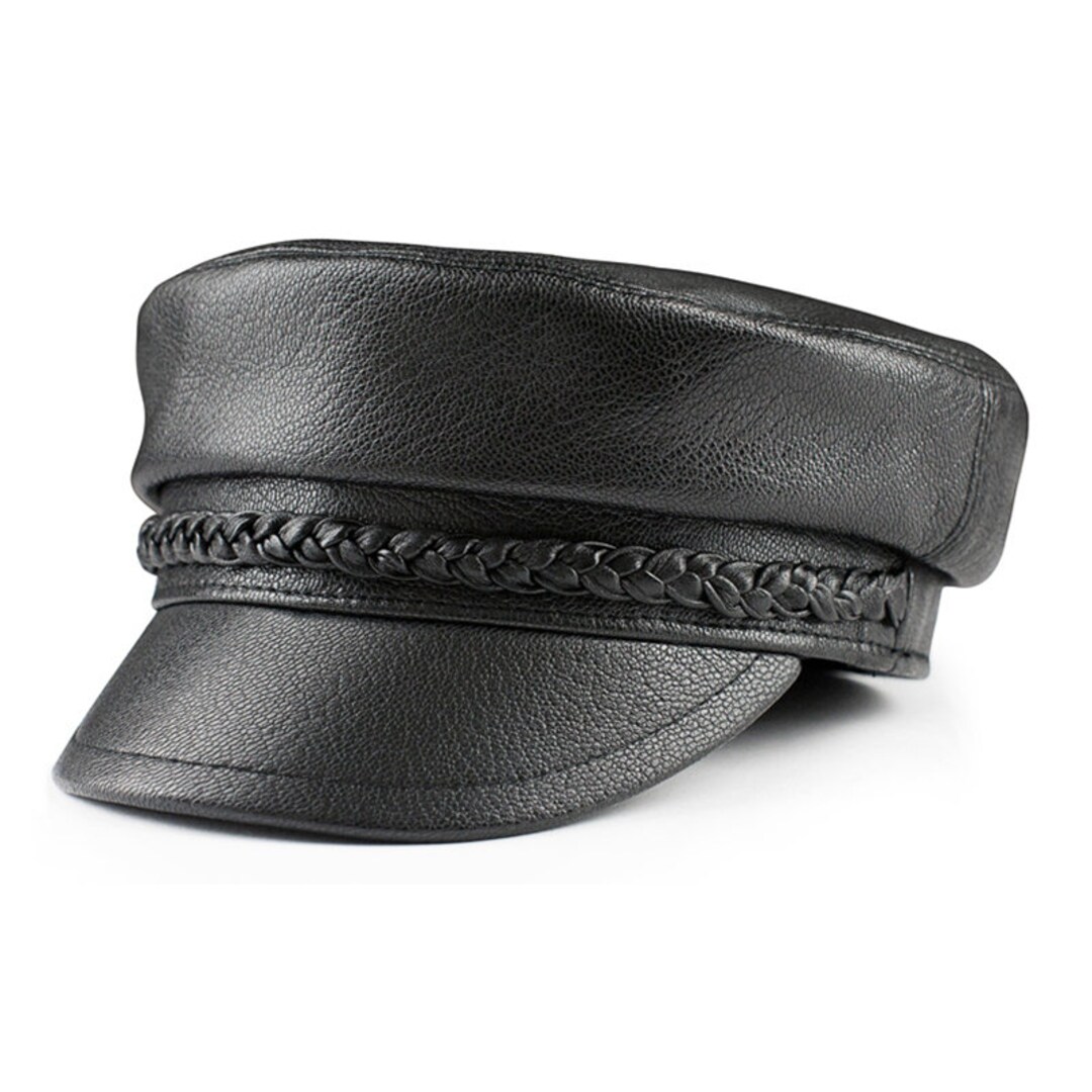 Solid Color Real Leather Flat Top Military Hat Etsy