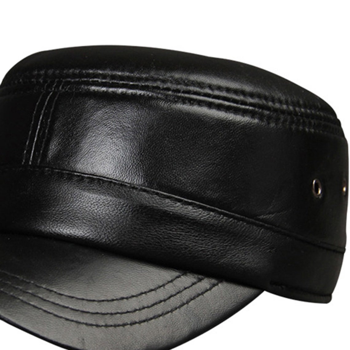 Military Hat Black Genuine Leather Flat Cap Vintage Adjustable Army Cap