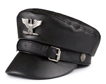 Sombrero de copa plano de cuero genuino, casqueta de locomotora Punk con cadena y marca de águila a la moda