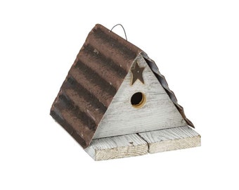 May include: A rustic, triangular birdhouse with a corrugated metal roof and a wooden base. The birdhouse features a round entry hole and a star-shaped accent. The wood is painted white, and the roof is brown.