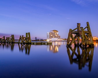 Sonnenaufgang Cardiff Bay Dawn blau Fotodruck, Wales Landschaft Fotografie