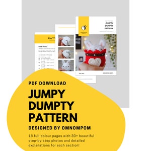 Puede incluir: Descarga PDF para un patrón de crochet llamado "Jumpy Dumpty" diseñado por Omnompom. El patrón incluye 18 páginas a todo color con más de 30 fotos paso a paso y explicaciones detalladas para cada sección. La imagen muestra un lindo conejito de crochet con un corazón rojo.