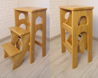 Natural Oak Stepladder, StepStool Natural Wood, Stool Ladder, Stand with Ukraine, Kitchen Step Stool, Dinning Stool, Transformer Stool