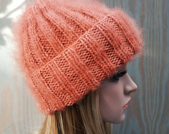Luxury Mohair beanie hat, Fluffy , Soft & Fashionable beanie, Hand knit fuzzy ladies winter hat . Handmade women accessories.