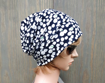 Women's Hat , Navy Blue With White Spots Pattern, Slouchy Beanie Hat, Chemo Headwear, High Quality Italian Viscose Jersey