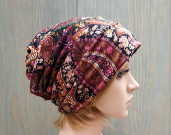 Women's Beanie, Multicolour Slouchy Beanie Hat, Chemo Headwear, Slouch Hat, Bohemian Hat, Lightweight Viscose Hat