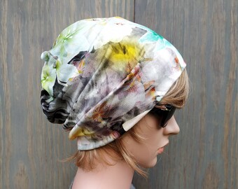 Women's Hat , Digital Flower Print, Slouchy Beanie Hat, Chemo Headwear, High Quality Italian Viscose Jersey