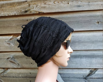 Black Distressed Slouchy Beanie Hat, Chemo Headwear, Slouch Hat,Unisex Beanie, Lightweight Cotton Hat