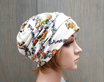 Women's Beanie, Multicolour Slouchy Beanie Hat, Chemo Headwear, Slouch Hat, BOHO Hat, Lightweight Viscose Hat