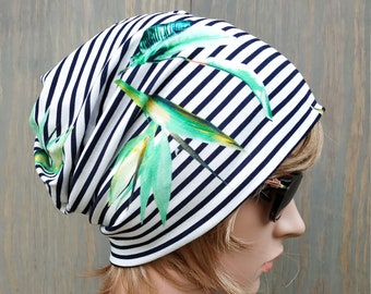 Women's Hat , Navy Blue White Striped With Tropical Plant Pattern, Slouchy Beanie Hat, Chemo Headwear, High Quality Italian Viscose Jersey