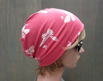 Women's Hat, Coral With Butterfly Pattern, Slouchy Beanie Hat, Chemo Headwear, Cotton and Viscose Jersey