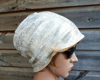 Creamy White With Golded Smeared, Reversible Slouchy Beanie Hat, Women's Headwear, Chemo Hat, Lightweight Hat
