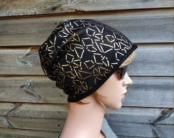Black With Golden Elements Reversible Slouchy Beanie Hat, Unisex Headwear, Chemo Hat, Lightweight Hat