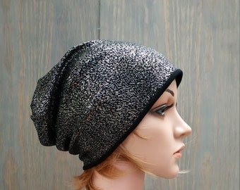 Black With Golden Elements Reversible Slouchy Beanie Hat, Unisex Headwear, Chemo Hat, Lightweight Hat, Women's Hat