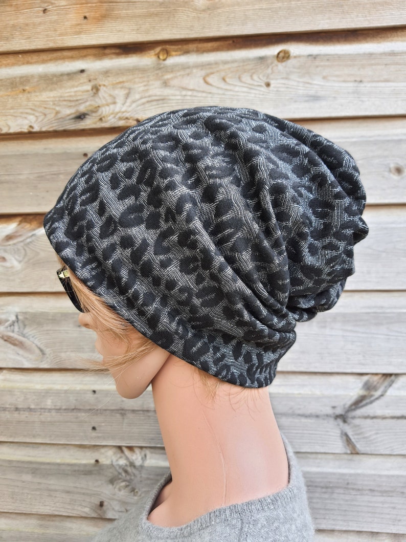 Slouchy Beanie Slouch Hat Women Beanie Jackard Leopard Pattern Black Grey With Silver Fibres Chemo Headwear