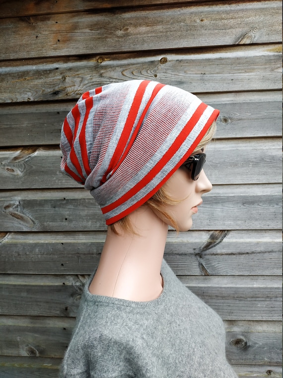 Grey With Red Stripes, Slouchy Beanie Hat, Chemo Headwear  display picture 1