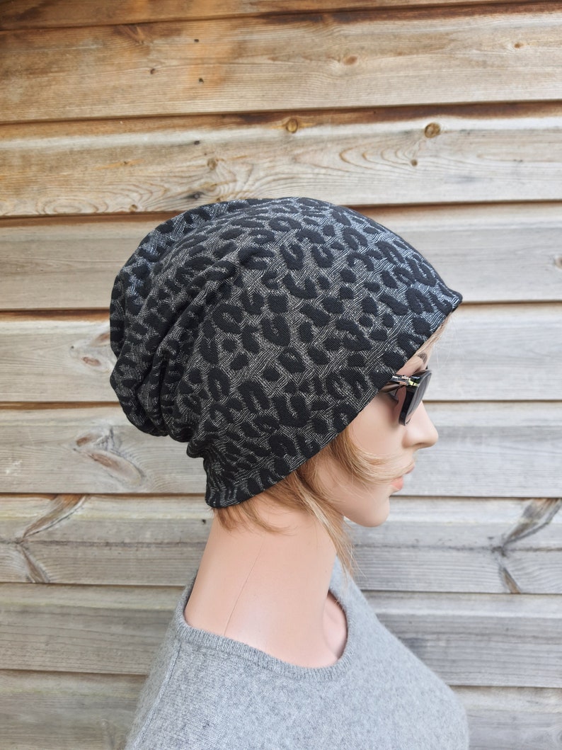 Slouchy Beanie Slouch Hat Women Beanie Jackard Leopard Pattern Black Grey With Silver Fibres Chemo Headwear